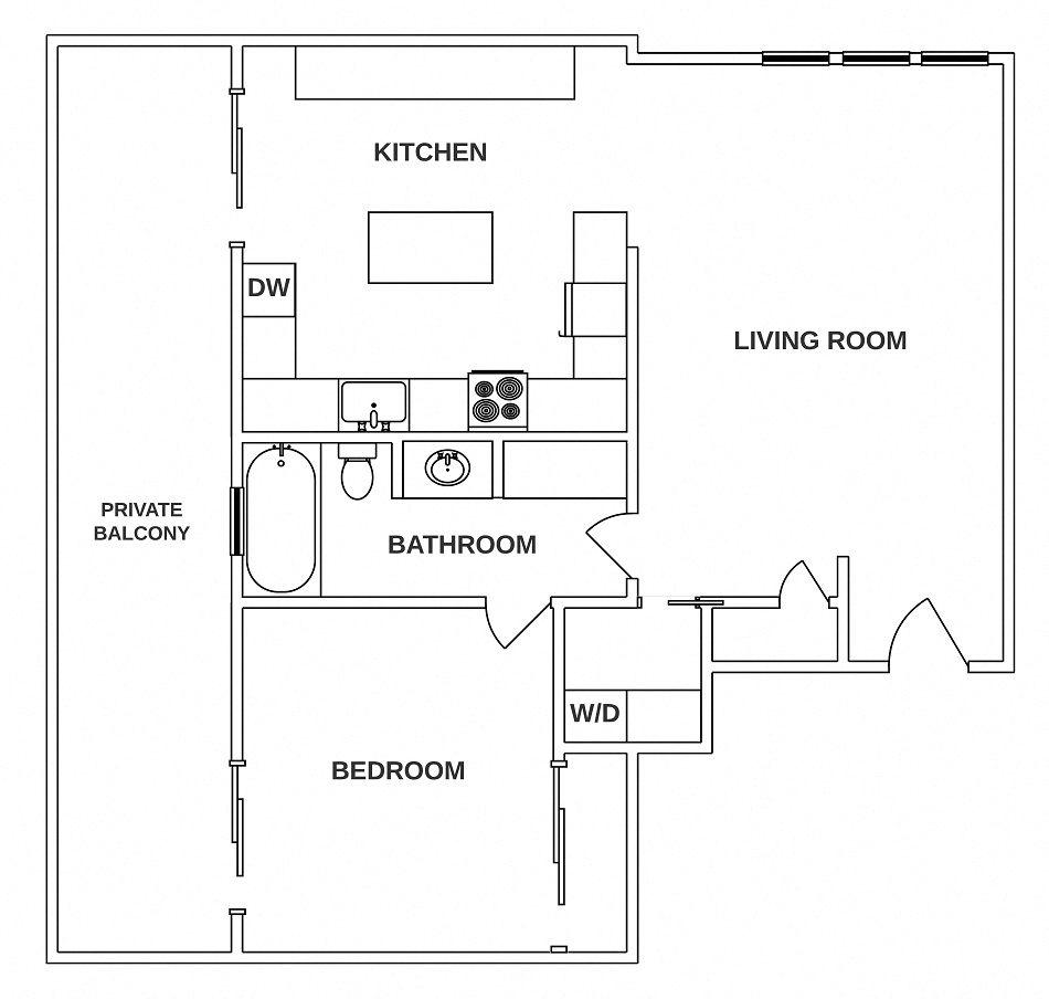 Floor plan for 1 bed, 1 bath, 750 sqft